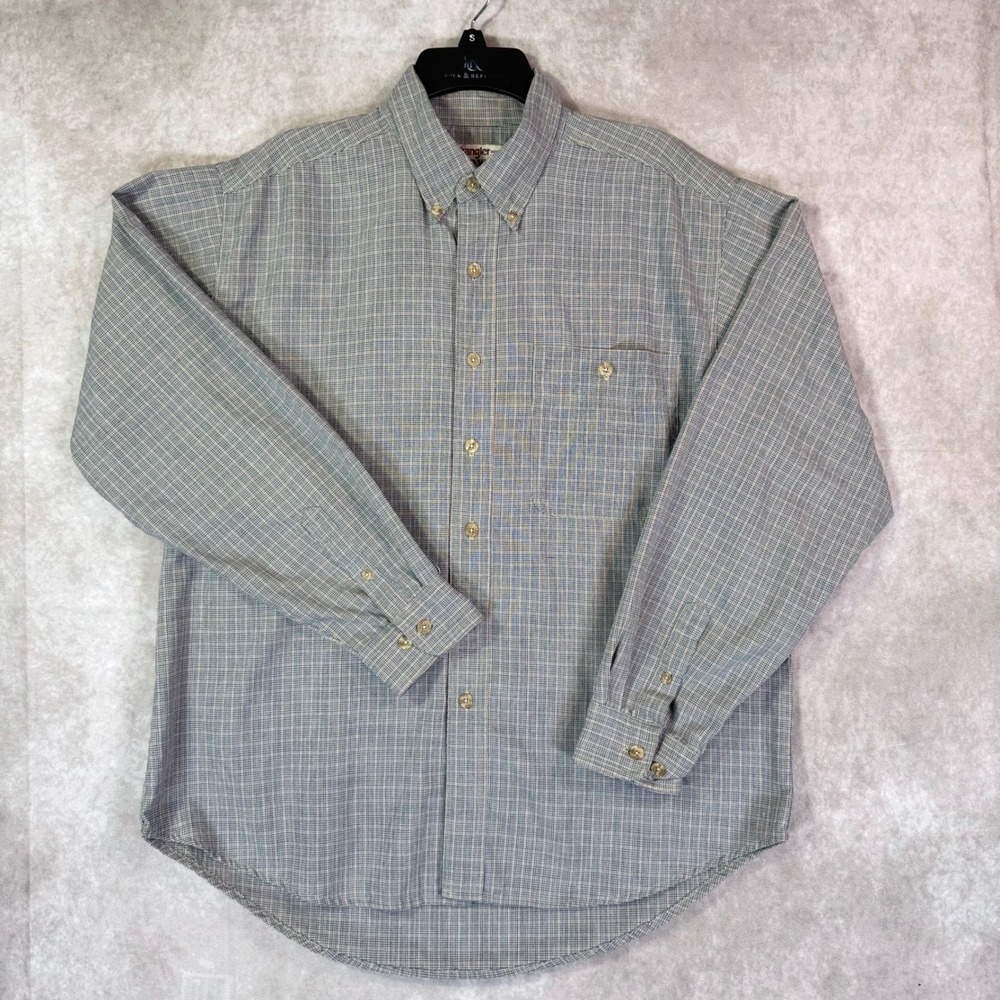 Wrangler Rugged Wear Shirt Men 16-16.5 L Blue Green Plaid LS Button Work Rustic
